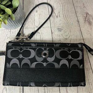 Coach Black Silver Signature Monogram Canvas Stripe Wristlet Wallet Metallic EUC